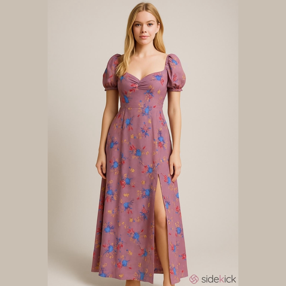 Promesa M Floral Puff Sleeve Maxi Dress Sweetheart Neckline & Front Slit Medium
